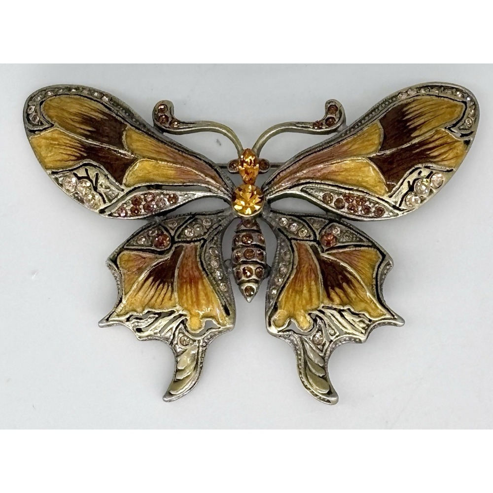 Vintage Butterfly Brooch Enamel Rhinestone Silver Tone Statement Pin Amber Brown